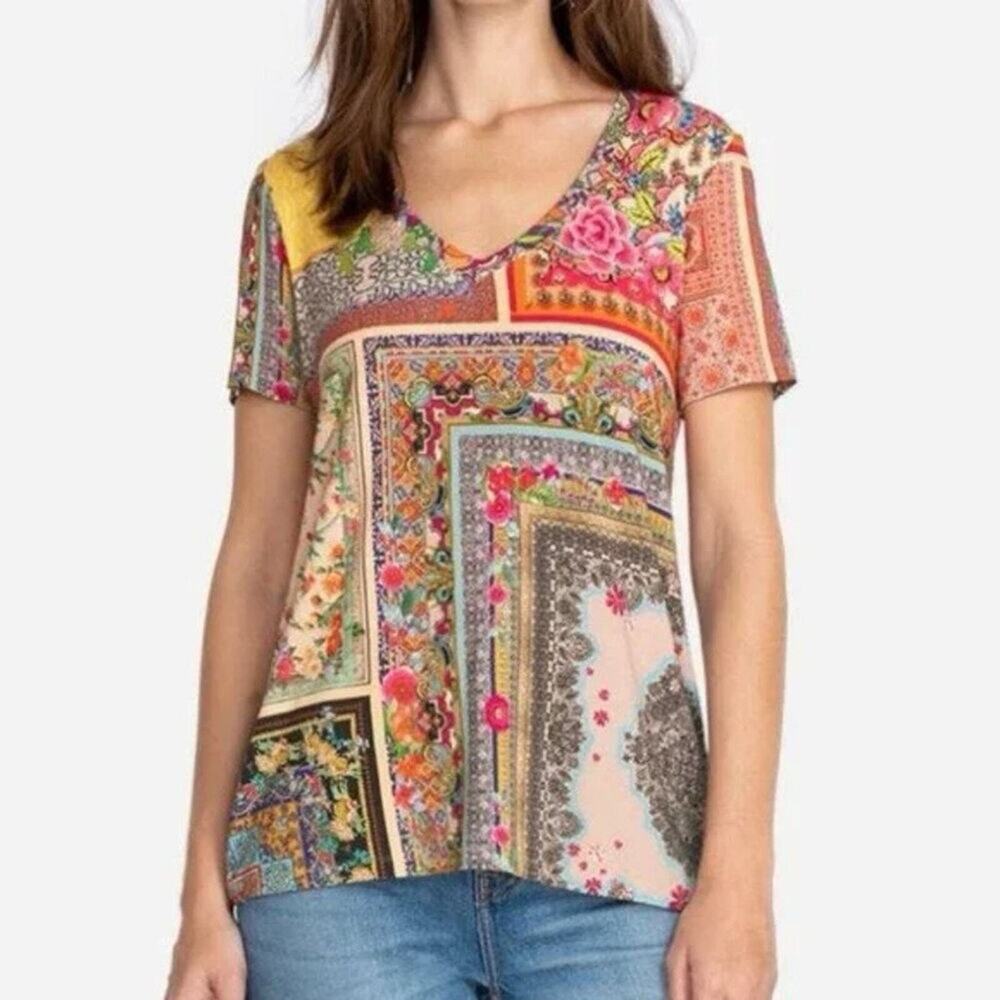 JOHNNY WAS Calloway Favorite V-Neck Tee Shirt Patchwork Print Bamboo, L
